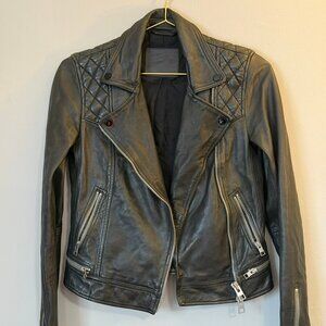 AllSaints Leather Biker Jacket Womens 2 Gray Conroy Quilted Shoulders Moto Zip